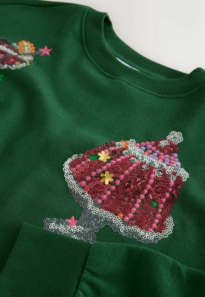 Grüner Sweatshirt mit Pailletten-Cupcake-Design in Rot, Pink und Silber sowie kleinen floralem Akzenten. Weicher Stoff, gerippter Kragen und Bündchen.