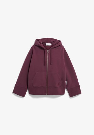 Burgundy zip-up hoodie with a kangaroo pocket, drawstring hood, and loose fit. Made of soft material, featuring a small logo detail.