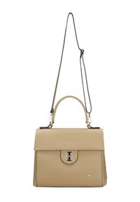 Béžová kožená kabelka s horním držadlem a nastavitelným dlouhým ramenním popruhem, na přední klopě se stříbrnou obdélníkovou sponou.