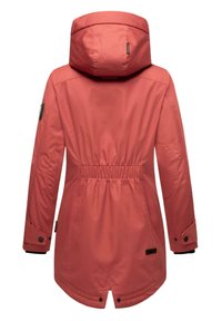 Coral waterproof jacket with a cinched waist, a hood, and long sleeves. Features snap closures and a smooth fabric texture.