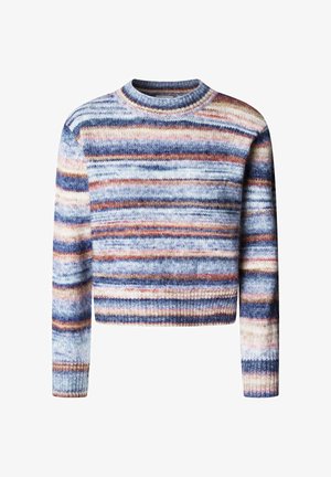 Jersey corto multicolor con rayas horizontales. El material tiene una textura suave. Presenta un cuello redondo y mangas largas.