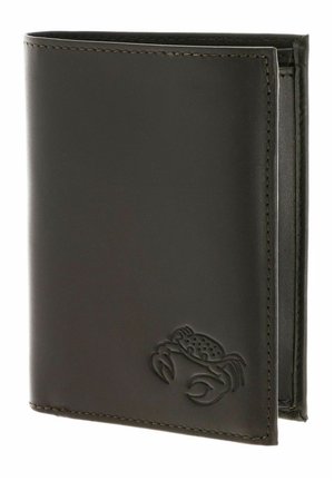 Schwarze Lederbrieftasche mit genähten Kanten und geprägtem Krabbendesign in der unteren rechten Ecke, teilweise geöffnet vor weißem Hintergrund.