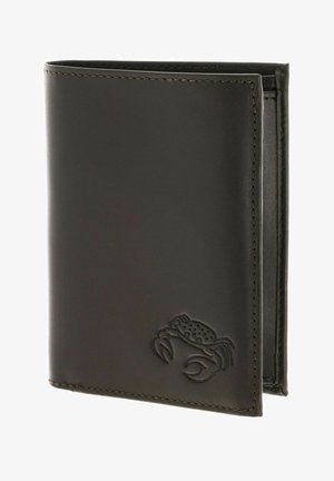 Black leather wallet with stitched edges and embossed crab design on the lower right corner, partially open on white background.
