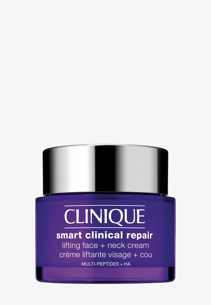 Clinique Smart Clinical Repair -kohottava kasvovoide ja niska-alueen hoito purkissa, jossa on violetti rasia ja hopeinen kansi. Sisältää monipeptidejä ja hyaluronihappoa.