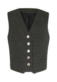 Gilet a quadri in tessuto verde scuro con una forma strutturata, dotato di sei bottoni tondi argentati e scollatura a V, foderato di nero.
