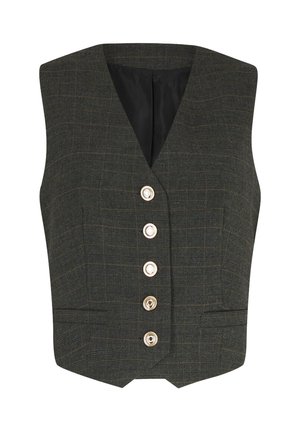 Gilet à carreaux en tissu vert foncé avec une forme structurée, comportant six boutons ronds argentés et un décolleté en v, doublé de noir.