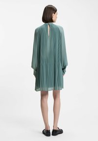 Pleated dress in soft, muted green fabric, featuring long sleeves, a keyhole back detail, and a flared hemline.