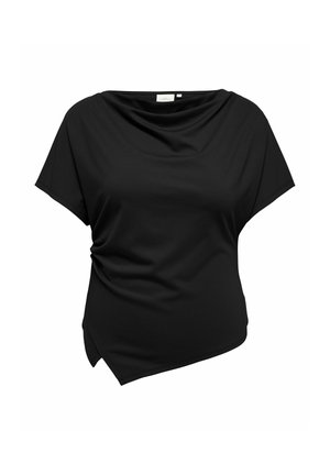 Blouse noire à manches courtes avec col drapé et ourlet asymétrique sur fond uni.