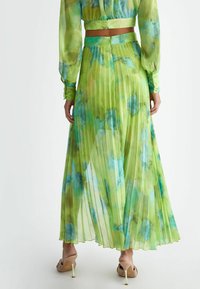Gonna lunga verde plissettata con motivi floreali blu, realizzata in un materiale leggero e trasparente. Presenta un girovita aderente e una silhouette fluida.