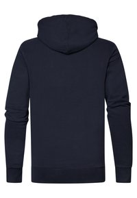 Navyblauwe pullover hoodie met een grote capuchon, lange mouwen, ribgebreide manchetten en onderzoom, gemaakt van een zachte, gestructureerde stof.