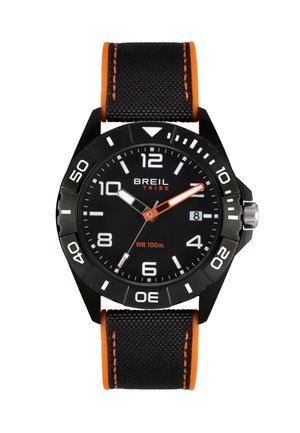 Orologio Breil Tribe nero con lancette arancioni e bianche, cinturino nero testurizzato con bordi arancioni e datario alle 3.