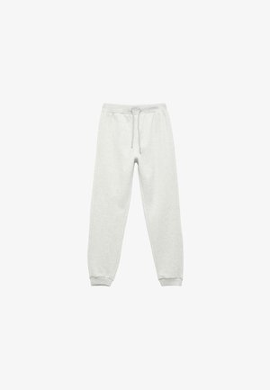 Pantalones de chándal grises de algodón con cintura elástica y cordón ajustable, con puños acanalados y una tela suave y texturizada.