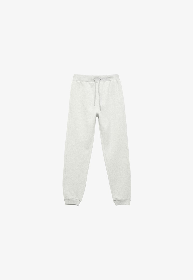 Graue Baumwoll-Sweatpants mit elastischem Bund und Kordelzug, ausgestattet mit gerippten Bündchen und einem weichen, strukturierten Stoff.