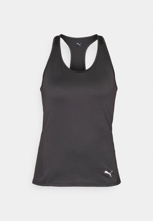 Czarny sportowy tank top Puma bez rękawów z tyłem typu racerback oraz białymi logo Puma na piersi i na dole.