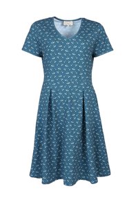 Blaues Baumwollkleid mit kurzen Ärmeln, V-Ausschnitt und Blumenmuster. Ausgestellter Rock mit Falten. Weicher Stoff und lässiges Design.