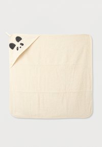 Panda tēmas bērnu dvielis krēmkrāsā ar melniem auss un sejas izšuvumiem. Mīksta tekstūra, taisnstūra forma un stūru cilpa piek hanging.