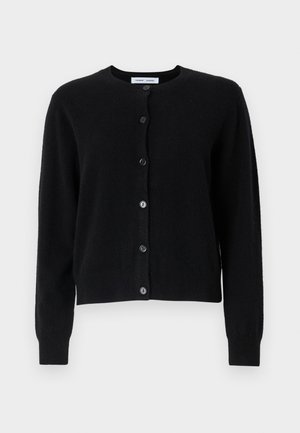 Black cardigan made of soft fabric, featuring a round neckline, long sleeves, and six button closures down the front. Simple design, no patterns.
