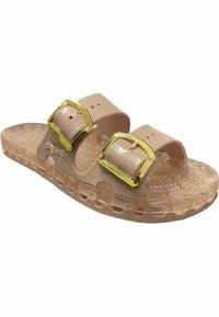 Sandal con una base trasparente, cinturini rosa chiaro e fibbie dorate. Progettata con una soletta testurizzata per il massimo comfort.