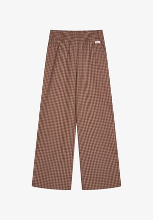 Brązowo-beżowe szerokie spodnie w kratę z elastycznym paskiem i małą materiałową metką marki w pobliżu górnej prawej strony.