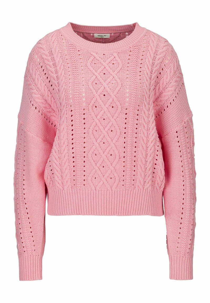 Roze gebreide trui met een kabelpatroon, ronde halslijn en geribbelde manchetten en onderkant. Gemaakt van een ademende, lichtgewicht stof.