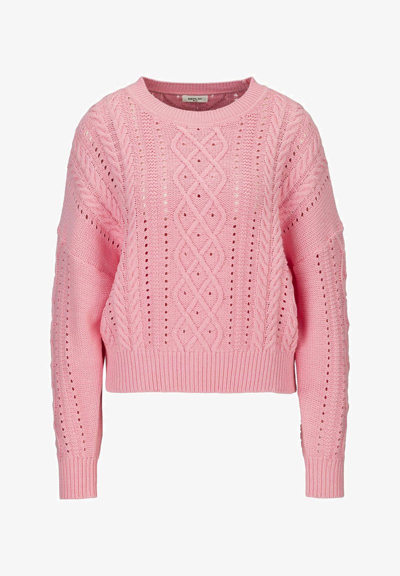 Pull en tricot rose avec un motif de tricot en torsades, encolure ronde, et poignets et ourlet côtelés. Fabriqué en tissu léger et respirant.