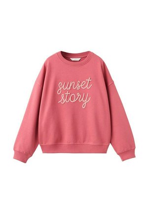 Sweat-shirt rose à col rond avec manches longues et texte cursif blanc « sunset story » brodé sur le devant.
