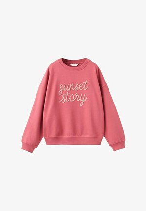 Felpa rosa girocollo con maniche lunghe e testo in corsivo bianco "sunset story" ricamato sul davanti.