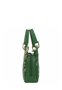 Groene handtas met een zijrits, uitgevoerd in gladleer met bloem- patroonaccenten. Gouden hardware op de hengsels.