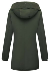 Groene waterdichte jas met capuchon, heeft een gladde textuur, lange mouwen en een rechte snit. Inclusief drukknoopsluitingen bij de kraag.