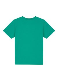 Korte mouwen, ronde hals t-shirt van effen turkoois stof. Zachte textuur met rechte snit, geen zichtbare patronen of graphics.