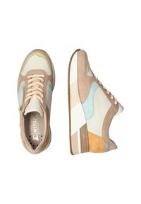 Sneakers with a mix of beige suede and mesh, featuring light blue, white, and tan accents, rounded toe, and textured rubber sole.