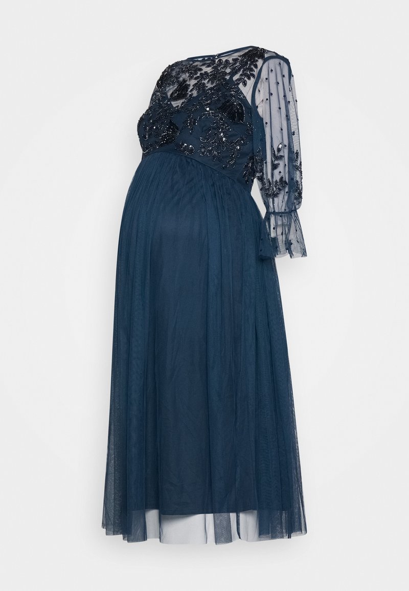 Maya Deluxe Maternity MATERNITY PUFF SLEEVE FLORAL EMBELLISHED MIDI