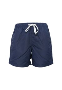 Pantaloni da bagno blu navy realizzati in tessuto leggero, dotati di una cintura elastica con un laccio bianco e una superficie liscia.