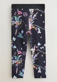 Leggings floreali con base nera decorati con uccelli colorati e fiori, realizzati in tessuto elastico. Vita elastica per il comfort.