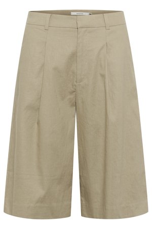 Béžové ľanové culottes s širokým strihom, so záhybmi vpredu a hladkou textúrou. Pás je plochý bez viditeľných zapínaní.