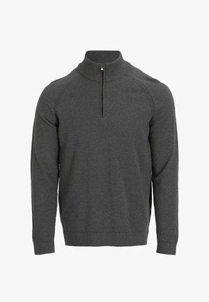 Pullover-Pullover aus dunkelgrauem Strick, mit einem halben Reißverschluss-Kragen, gerippten Bündchen und einem nahtlosen Raglan-Design. Insgesamt glatte Textur.