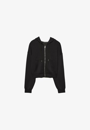Zwarte cropped hoodie gemaakt van zachte stof, met een volledige ritssluiting, een capuchon met koord en voorzakken met losse, brede mouwen.