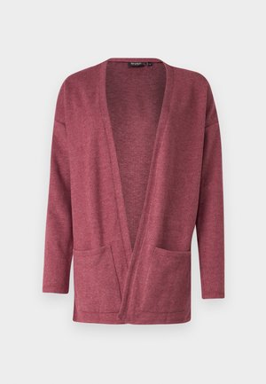 Bordó kötött kardigán, nyitott elülső résszel, hosszú ujjakkal és két elülső zsebbel. Simaság jellemzi, laza fazonnal.