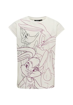 Biała koszulka z fioletowym rysunkiem w stylu linii przedstawiającym postacie z kreskówek, w tym Bugs Bunny'ego i Daffy'ego Ducka, o luźnym kroju.