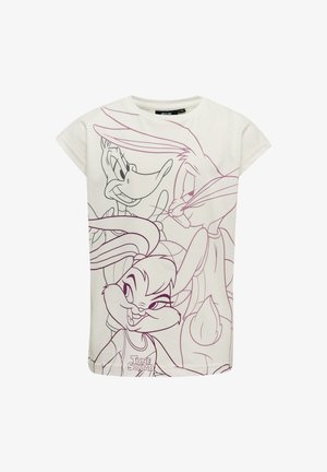 Hvid t-shirt med et lilla linje kunstdesign af tegneseriefigurer, herunder Bugs Bunny og Daffy Duck, med en afslappet pasform.