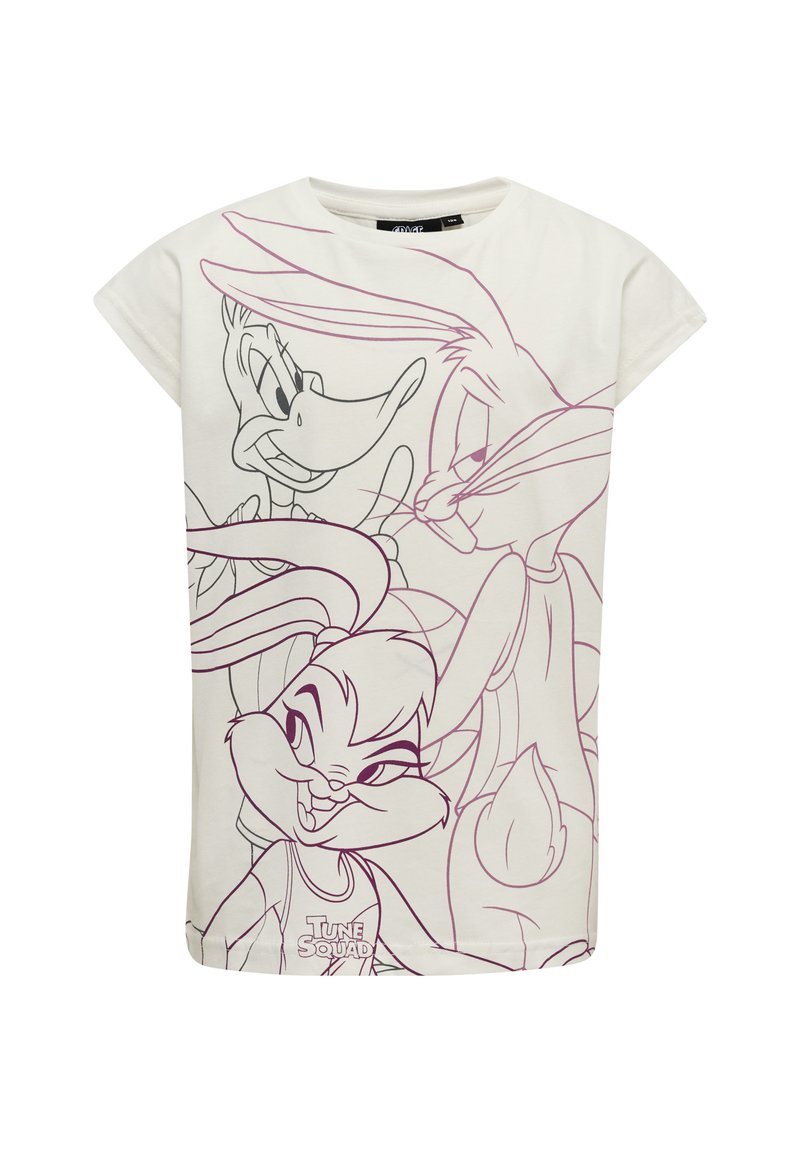 Hvid t-shirt med et lilla linje kunstdesign af tegneseriefigurer, herunder Bugs Bunny og Daffy Duck, med en afslappet pasform.