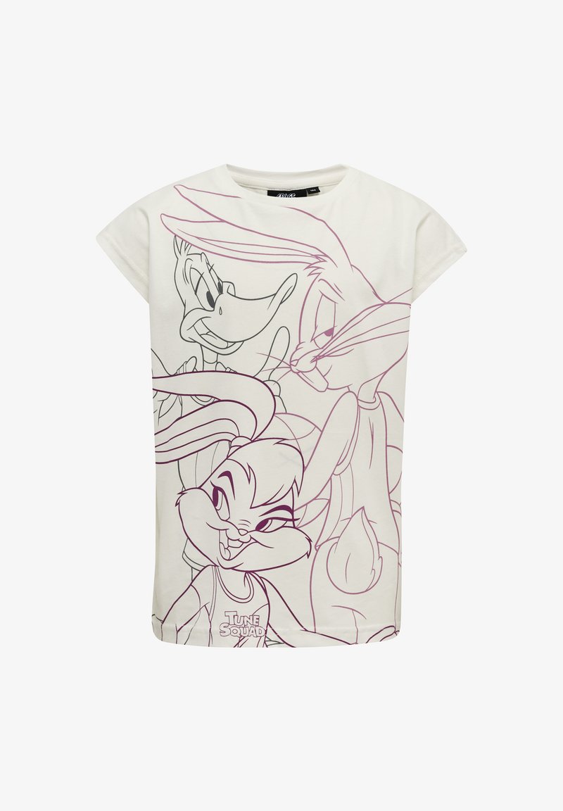 Hvid t-shirt med et lilla linje kunstdesign af tegneseriefigurer, herunder Bugs Bunny og Daffy Duck, med en afslappet pasform.
