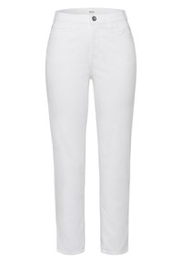 Bílé kalhoty z bavlněné směsi s rovnými nohavicemi, předními kapsami a knoflíkovým zapínáním v pase. Hladká textura, ležérní styl.