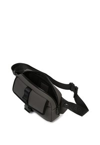 Borsa a tracolla in nylon grigia con scomparto principale con zip, tracolla regolabile e tasca frontale chiusa da una patta in velcro.