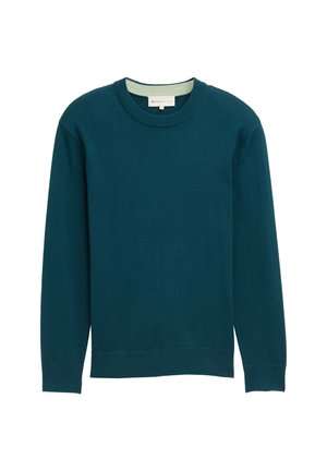 Turkizna sweatshirt s krojem oko vrata in dolgimi rokavi, z rebrastimi manšetami in robom. Narejen iz mehke, gladke tkanine z kontrastnim svetlo zelenim notranjim ovratnikom.