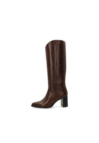 Brown leather knee-high boot with a square toe, smooth texture, and chunky black heel. Features vertical seam details and a fitted design.