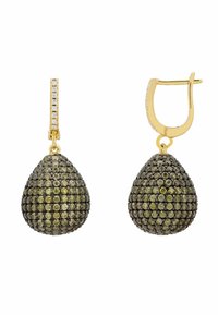 Gold-tone drop earrings featuring teardrop-shaped pendants encrusted with sparkling green and grey stones, with a diamond-accented lever back.