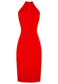 Czerwona sukienka na halter z dopasowaną sylwetką, plisowanym gorsetem i długością do kolan, wykonana z gładkiego materiału. Bez widocznych elementów metalowych ani wzorów.