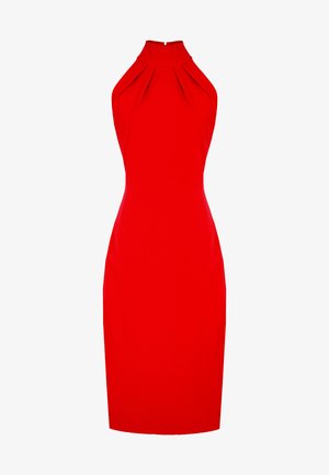 Czerwona sukienka na halter z dopasowaną sylwetką, plisowanym gorsetem i długością do kolan, wykonana z gładkiego materiału. Bez widocznych elementów metalowych ani wzorów.
