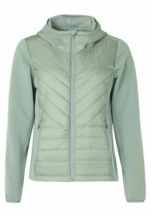 Šviesiai žalios spalvos izoliuotas švarkas su siuvinėtu zigzagu priekyje, raukšlėtais rankovėmis, užtrauktuku ir gobtuvu.